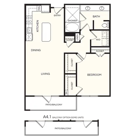 Elegant floor plan showcasing a spacious one-bedroom apartment with open living and dining areas, modern kitchen, and a luxurious bath. Includes a private patio/balcony for outdoor relaxation.
