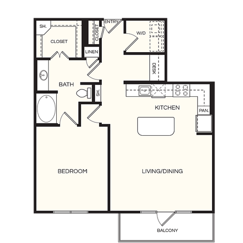 Modern 1-bedroom apartment floor plan featuring a spacious living and dining area, sleek kitchen with pantry, and private balcony.