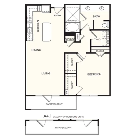 Chic 1-bedroom floor plan with spacious living and dining area, modern kitchen, and a private patio/balcony option.