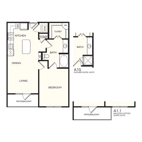 Inviting 1-bedroom floor plan with open kitchen, dining, and living area, featuring dual bath options and a cozy patio.