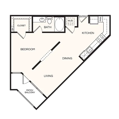 Contemporary 1-bedroom floor plan featuring an open-concept living and dining area, modern kitchen, and private patio.