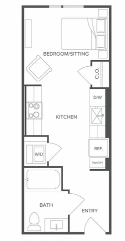 Efficient studio floor plan showcasing a versatile bedroom/sitting area, compact kitchen, and bath, ideal for modern living.