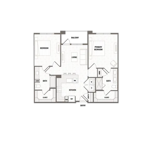 Modern floor plan showcasing 2 bedrooms, a spacious living area, and a balcony. Includes a well-equipped kitchen, 2 bathrooms, and ample storage space.