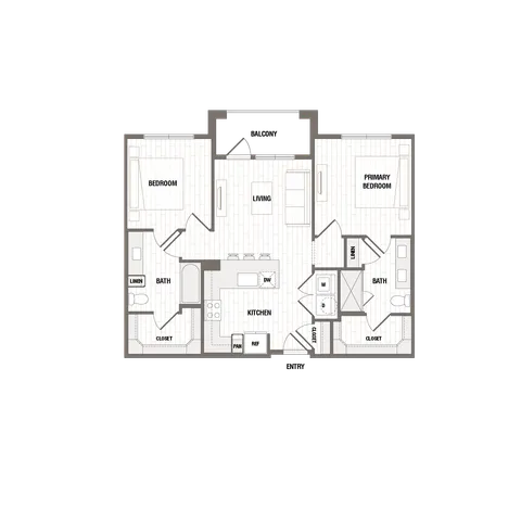 Modern floor plan showcasing 2 bedrooms, open-concept living space, sleek kitchen, and inviting balcony.