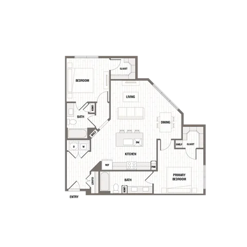 Contemporary floor plan showcasing 2 bedrooms, 2 bathrooms, open kitchen with island, and a cozy living area.