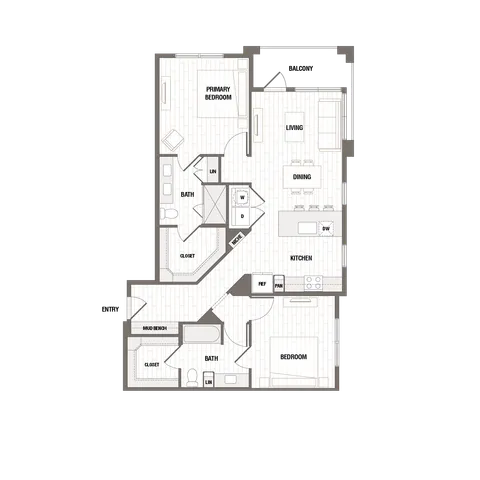Elegant 2D floor plan displaying 2 bedrooms, a modern kitchen with island, open dining and living area leading to a balcony.