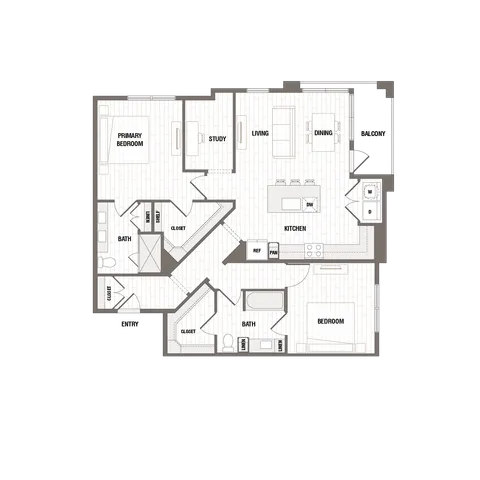 Modern apartment floor plan showcasing two bedrooms, a study, and an open-concept living, dining, and kitchen area with balcony access.