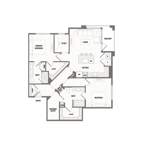 Modern floor plan showcasing 2 spacious bedrooms, a study, and an open living area with kitchen, featuring a balcony and ample storage space.
