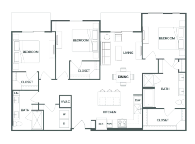 Pearl Bee Cave floor plan showcasing 3 bedrooms, 2 baths, a spacious living area, and modern kitchen in a 1,422 sq ft layout.