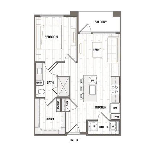 Modern 1-bedroom apartment floor plan featuring a spacious living area, sleek kitchen with island, and private balcony entry.