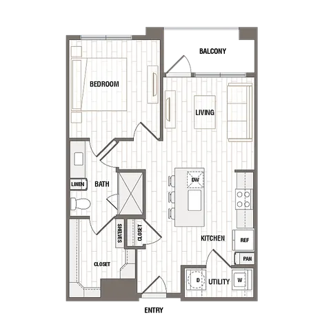 Modern 1-bedroom floor plan featuring an open-concept living room, kitchen with island, and private balcony.
