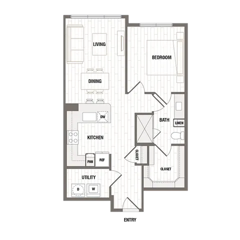 Modern floor plan featuring a cozy 1-bedroom, spacious open-concept living and dining area, sleek kitchen, and well-organized utility space.