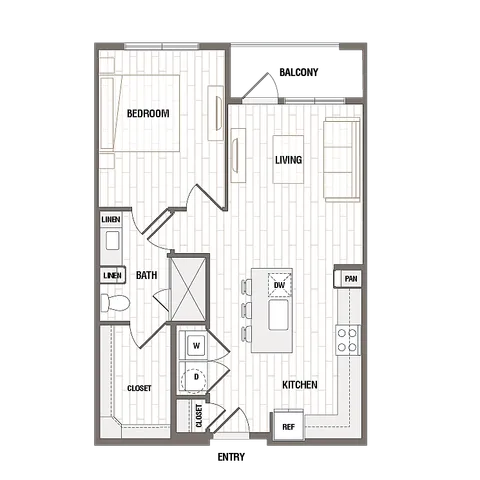 Contemporary floor plan featuring one bedroom, open living area, modern kitchen, and a private balcony.