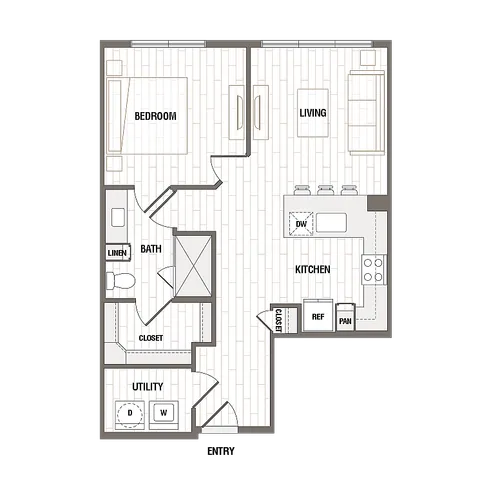 Modern 1-bedroom apartment floor plan featuring an open living area, a sleek kitchen with island, and a convenient utility room.