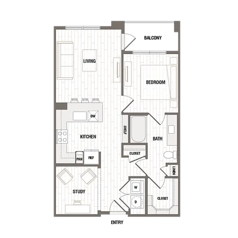 Modern apartment floor plan showcasing a cozy bedroom, spacious living area, stylish kitchen with dining, and a dedicated study space. Includes a balcony, ample storage with closets, and a washer-dryer setup.