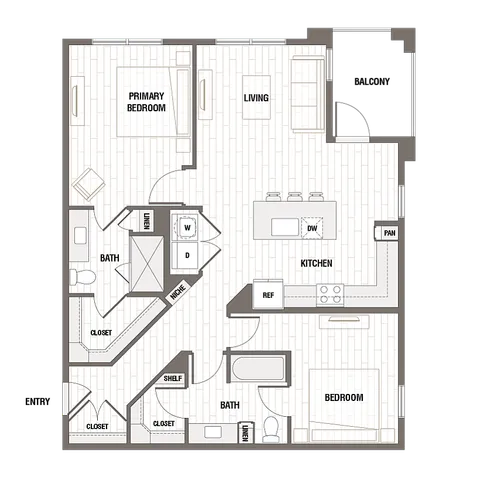 Modern floor plan featuring 2 bedrooms, open-concept living and kitchen area, and a cozy balcony.