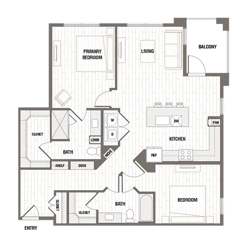 Modern floor plan highlighting a spacious 2-bedroom layout with an open kitchen, balcony, and elegant living area.