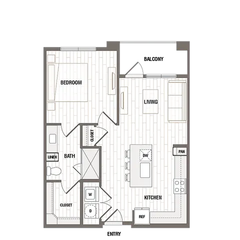 Modern floor plan showcasing a spacious one-bedroom apartment with an open living area, kitchen with island, and inviting balcony.