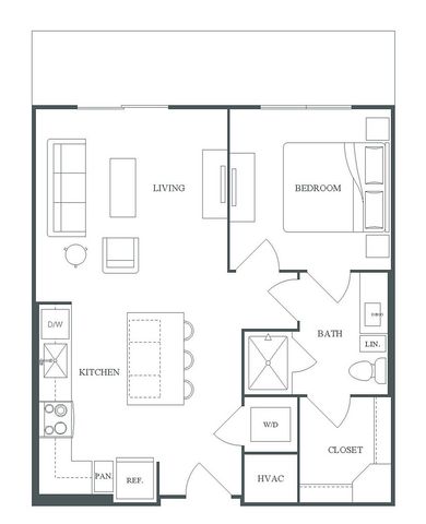 Pearl Bee Cave 1 bed, 1 bath floor plan with modern kitchen, spacious living area, and convenient layout, totaling 658 SF.