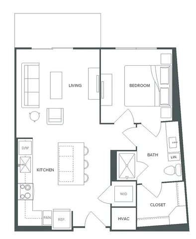 Modern A2 floor plan featuring 1 bedroom, open kitchen, and inviting living area in 671 SF layout at Pearl Bee Cave.