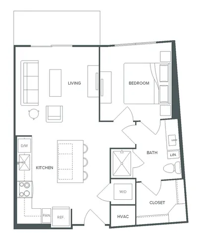Modern Pearl Bee Cave floor plan featuring 1 bedroom, 1 bath, and open living area, 665 sq ft.