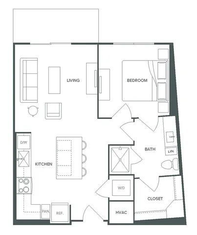 Modern Pearl Bee Cave floor plan, featuring 1 bedroom, 1 bath, spacious living area, and a sleek kitchen, spanning 671 square feet.