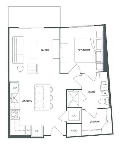 Modern 1 bed, 1 bath floor plan at Pearl Bee Cave, 665 sq ft with open-concept living and kitchen area, ideal for comfortable living.