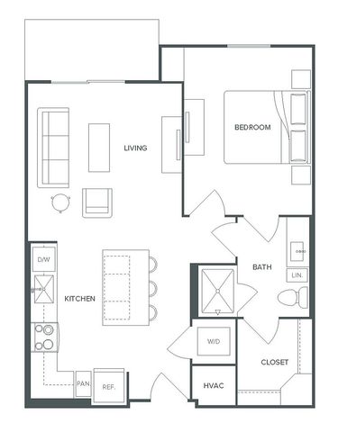 Modern A3 floor plan featuring 1 bedroom, 1 bathroom layout, open kitchen with breakfast bar, and cozy living area, totaling 682 square feet at Pearl Bee Cave.