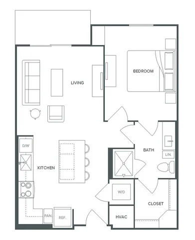 Chic and modern 1 bedroom, 1 bathroom floor plan at Pearl Bee Cave offering 682 square feet, featuring an open kitchen, cozy living area, and ample storage.