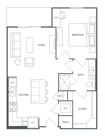 Pearl Bee Cave floor plan for a stylish 1 bed, 1 bath apartment with 704 sq ft, featuring an open living area, modern kitchen, and a cozy bedroom.