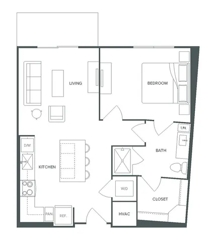 Chic 1 bed, 1 bath floor plan at Pearl Bee Cave offering 710 sq ft of modern living space with an open kitchen and living area.