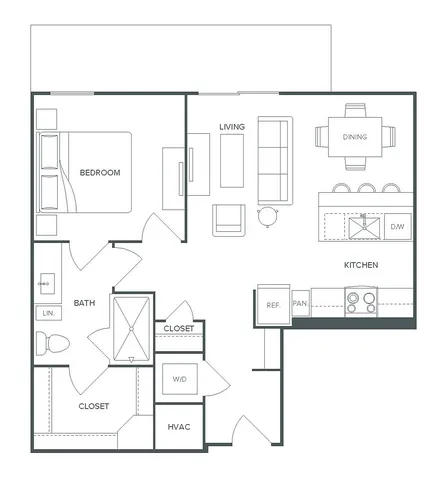 Modern A7 floor plan at Pearl Bee Cave featuring a spacious 1-bedroom, 1-bathroom layout, open-concept living and dining areas, and a contemporary kitchen with 709 sq ft.