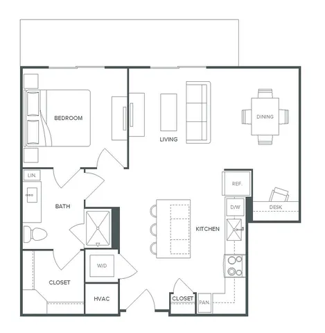 Chic floor plan for Pearl Bee Cave\'s A8 model, featuring 1 bedroom, 1 bath, and an open-concept living area with kitchen and dining space, totaling 784 square feet.