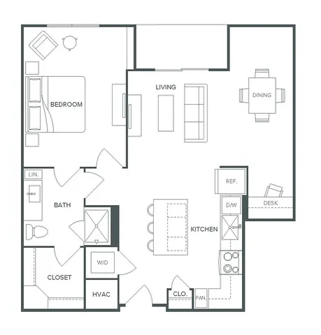Modern Pearl Bee Cave floor plan featuring 1 bedroom, 1 bathroom, open living area, and a spacious kitchen, covering 888 sq ft.