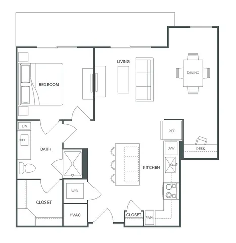 Pearl Bee Cave floor plan showcasing 1 bedroom, modern kitchen with island, and open living-dining area; 808 SF of elegant living space.