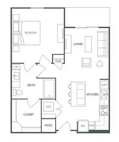 Contemporary A9 floor plan with 1 bedroom, 1 bath, modern kitchen, and inviting living space, featuring 769 sq ft of elegant design at Pearl Bee Cave.