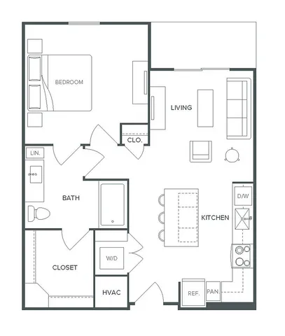 Modern floor plan of Pearl Bee Cave featuring 1 bedroom, 1 bath, and an inviting open-concept kitchen and living area, spanning 743 square feet.