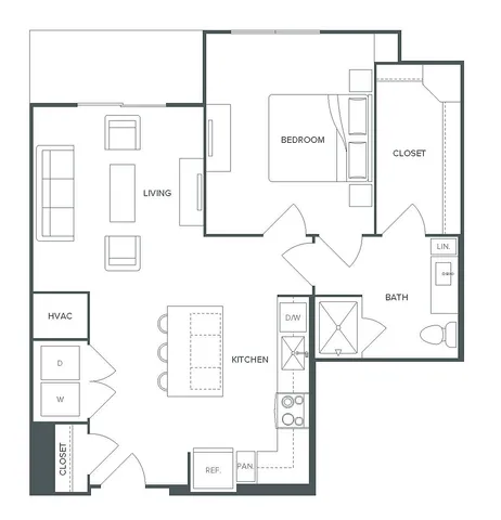 Elegant A10 floor plan featuring 1 bedroom, spacious living area, modern kitchen, and 789 sq ft of comfort at Pearl Bee Cave.