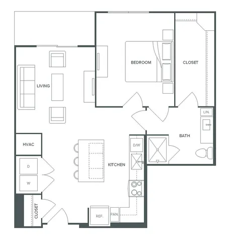 Pearl Bee Cave chic floor plan featuring 1 bedroom, spacious living area, modern kitchen, and a well-designed bath, totaling 798 square feet.