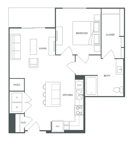Inviting 1-bedroom, 1-bathroom floor plan at Pearl Bee Cave, showcasing a spacious living area with open kitchen and dining bar, 798 sq ft.