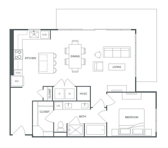 Pearl Bee Cave floor plan A11 featuring 1 bedroom, 1 bath, open-concept kitchen and living area, 909 sq ft.