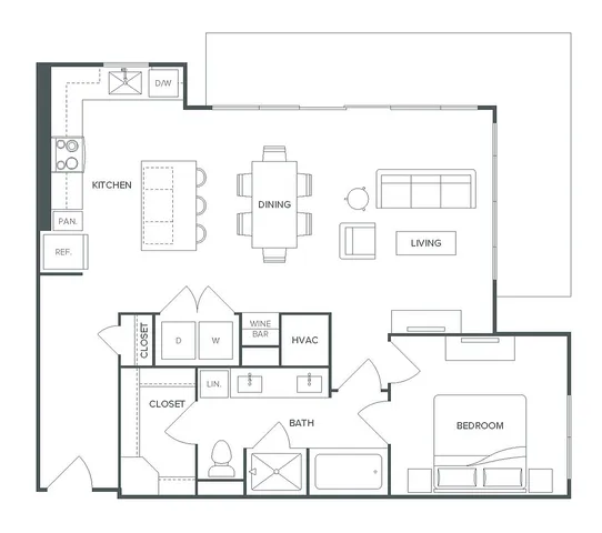 Pearl Bee Cave luxurious floor plan featuring 1 bedroom and 1 bath, encompassing 940 sq ft with open-concept living, dining, and kitchen spaces.
