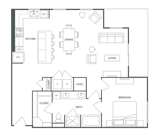 Pearl Bee Cave A13 floor plan showcasing a modern 1 bedroom, 1 bathroom layout with a spacious living area, dining room, and inviting kitchen; total area of 1,043 square feet.