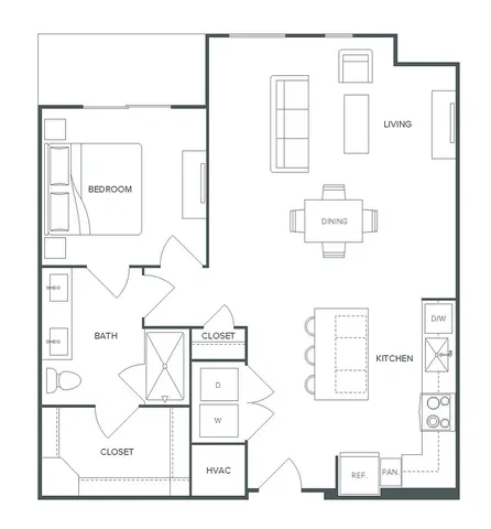 Modern 1-bedroom, 1-bathroom floor plan at Pearl Bee Cave, featuring an open-concept living and dining area, plus a spacious kitchen, spanning 882 sq ft.