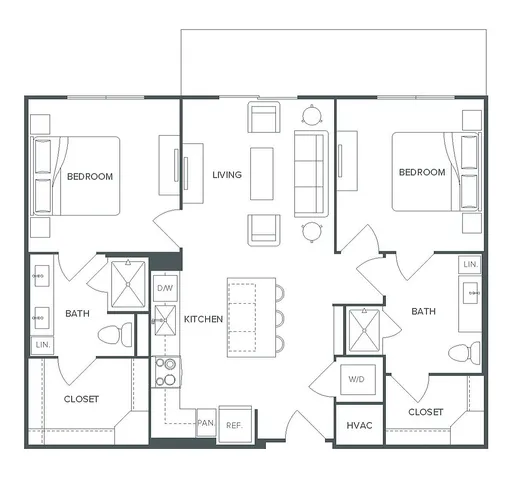 Pearl Bee Cave B1 floor plan featuring 2 bedrooms, 2 bathrooms, open living area, modern kitchen, and 988 sq ft of stylish space.