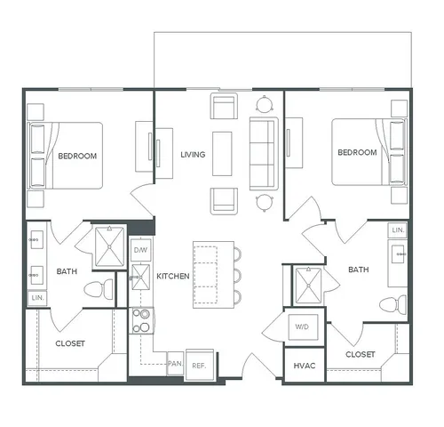 Modern floor plan for B1.WF at Pearl Bee Cave featuring 2 bedrooms, 2 baths, and an open-concept living space, spanning 988 sq ft.