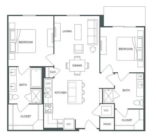 Pearl Bee Cave elegant floor plan showcasing 2 bedrooms, 2 baths, open living and dining area, and a modern kitchen in 1,063 square feet.