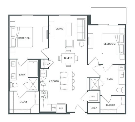 Modern floor plan showcasing a spacious 2 bed, 2 bath layout with an open-concept living, dining, and kitchen area at Pearl Bee Cave.