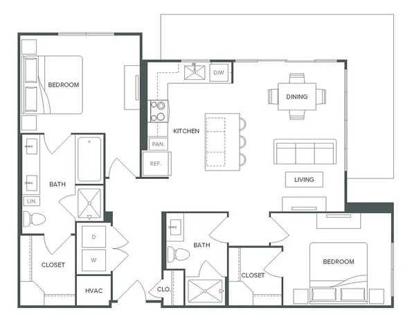Pearl Bee Cave floor plan for B3 unit showcasing 2 bedrooms, 2 baths, open-concept kitchen, dining, and living area, 1,066 sq ft.