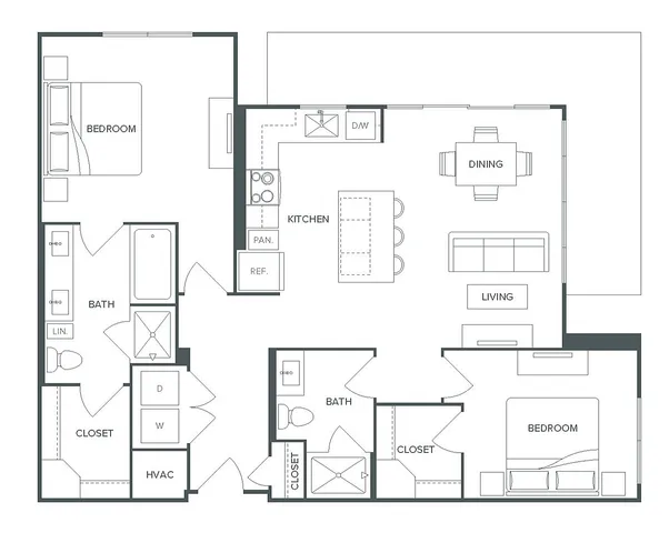Pearl Bee Cave floor plan, model B3.2, showcasing a modern 2 bedroom, 2 bathroom layout with airy living and dining areas, a sleek kitchen, and 1,093 square feet of stylish living space.